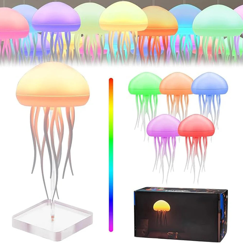 Cute Jellyfish LED Night Light - Voice-Controlled Rotating RGB Bedside Lamp for Kids' Room Decor